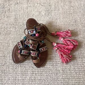 Sam Edelman Bohemian Embroidered Greek Leather Sandals with Pink Tassels